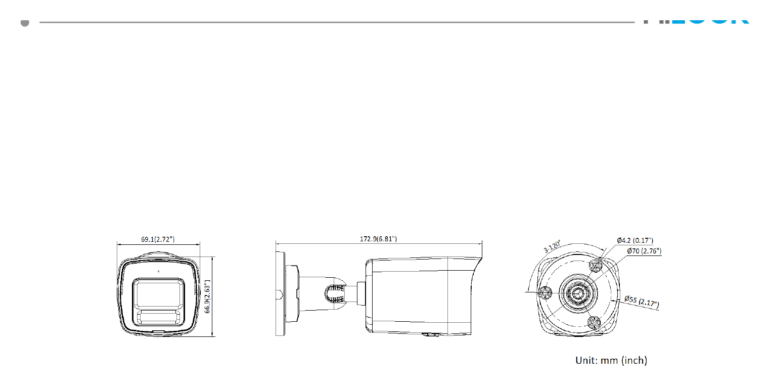 IPC-B120HA-LU(F)C 外形尺寸圖 172.9 mm × 66.9 mm × 69.1 mm (6.81" × 2.63" × 2.72")｜重量 Approx. 250 g (0.55 lb.)｜Unit: mm