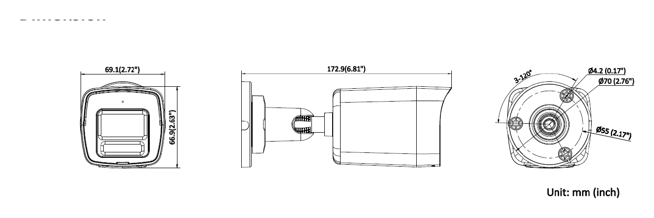 IPC-B120HAA-LU(F)(/SX) 外形尺寸圖 69.1 mm × 66.9 mm × 172.9 mm (2.72" × 2.63" × 6.81")｜重量 Approx. 280 g (0.62 lb.)｜Unit: mm