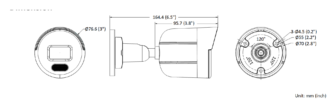 IPC-B129H 外形尺寸圖 Ø 76.6 mm × 164.4 mm (Ø 3" × 6.5")｜重量 Approx. 400 g (0.9 lb.)｜Unit: mm
