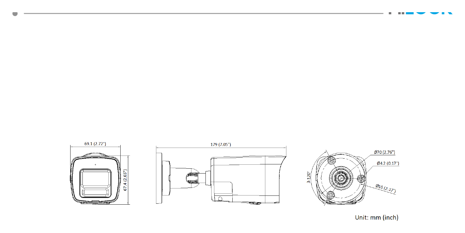 IPC-B140HA-LUF/SL 外形尺寸圖 179 mm × 67.4 mm × 69.1 mm (7.1" × 2.7" × 2.7")｜重量 Approx. 315 g (0.7 lb.)｜Unit: mm