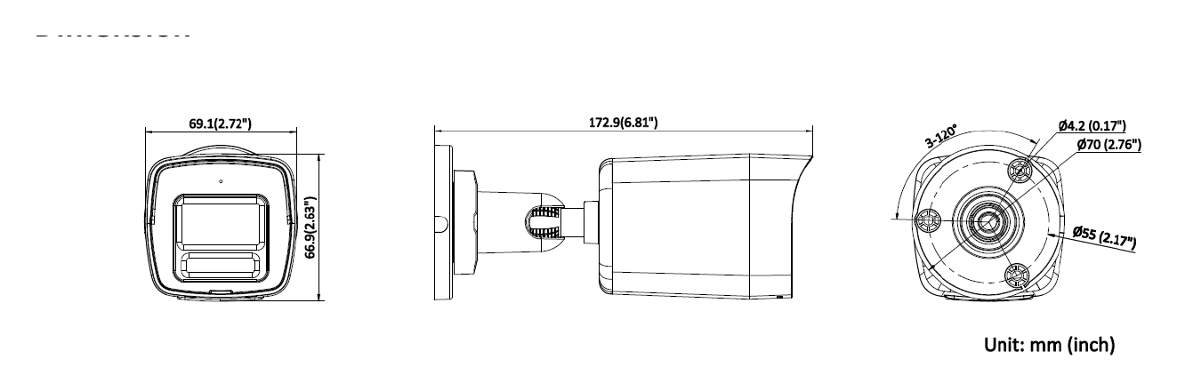 IPC-B140HAA-LU(F)(/SX) 外形尺寸圖 69.1 mm × 66.9 mm × 172.9 mm (2.72" × 2.63" × 6.81")｜重量 Approx. 290 g (0.64 lb.)｜Unit: mm