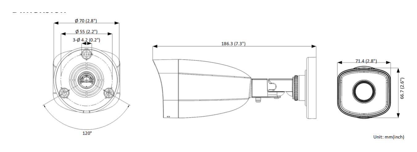 IPC-B150H(-M) 外形尺寸圖 186.3 mm × 71.4 mm × 66.7 mm (7.3" × 2.8" × 2.6")｜重量 Approx. 270 g (0.6 lb.)｜Unit: mm