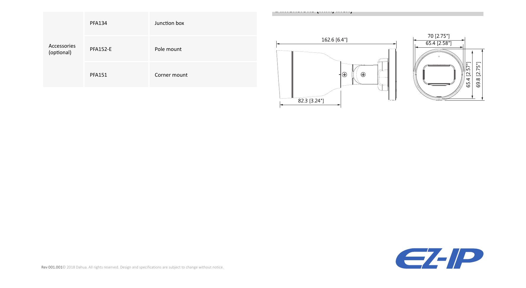 IPC-B1B40 外形尺寸圖 Φ70mm×162.6mm(2.76''x6.49'')｜Unit: mm