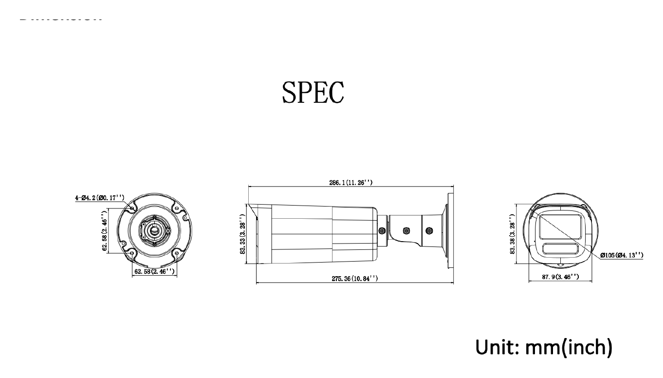 IPC-B529HA-LU 外形尺寸圖 87.9 mm × 83.4 mm × 286.1 mm (3.5