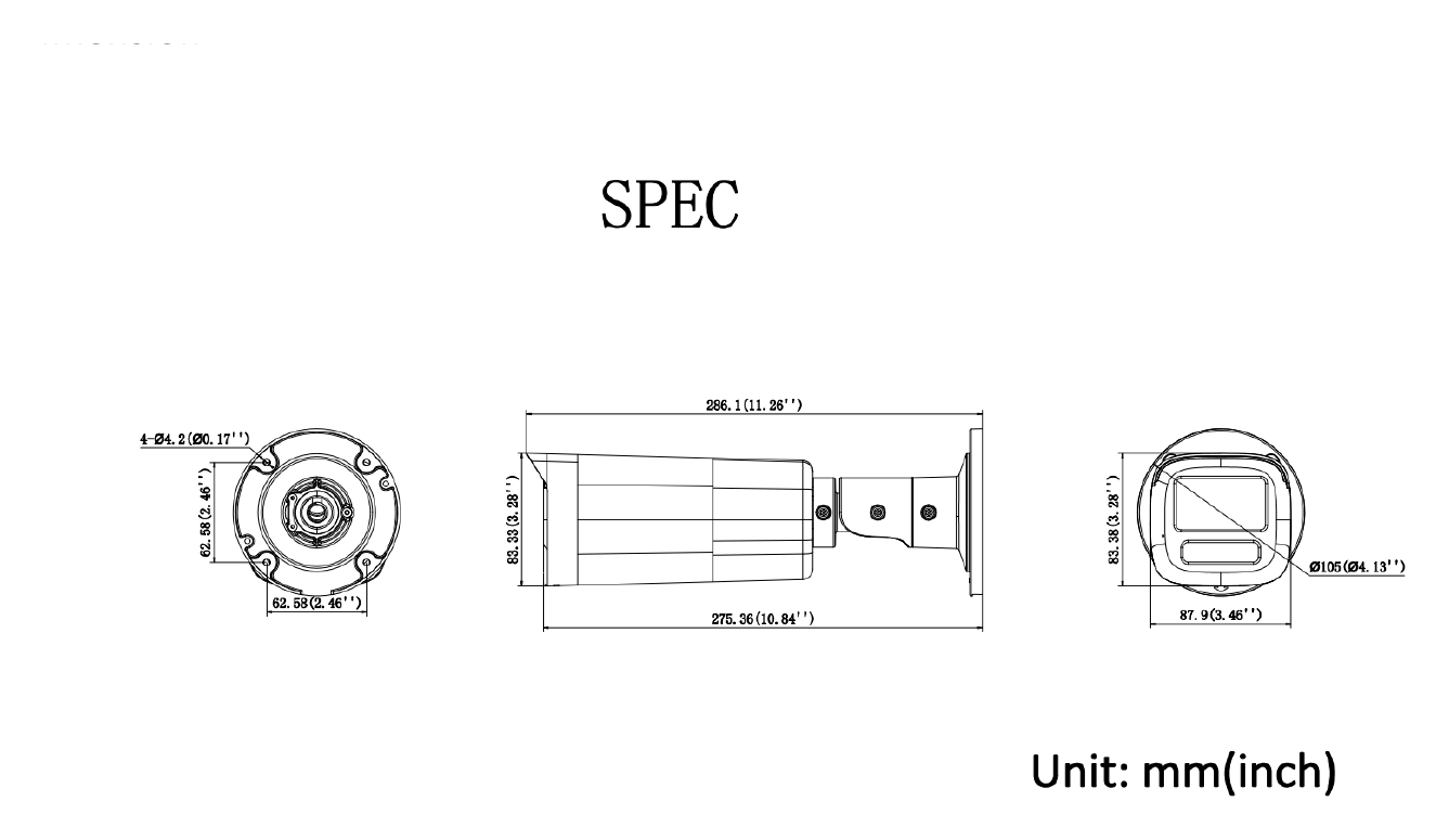 IPC-B549HA-LU 外形尺寸圖 87.9 mm × 83.4 mm × 286.1 mm (3.5