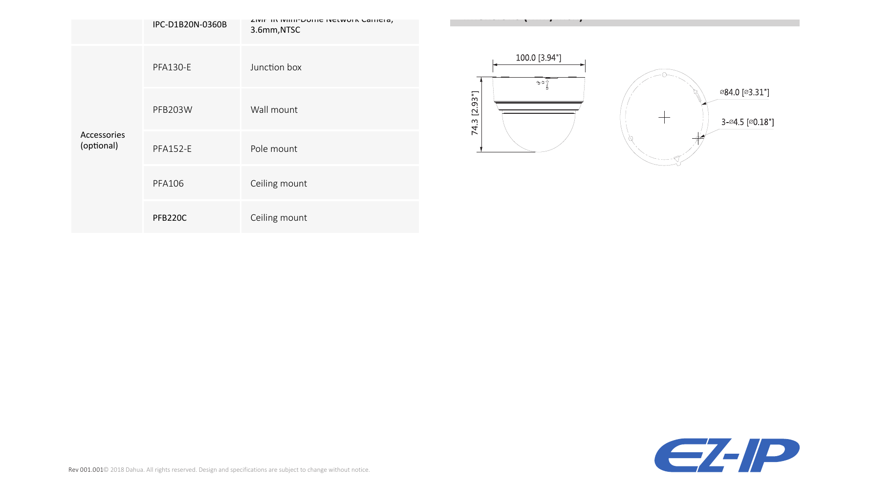 IPC-D1B20 外形尺寸圖 Φ100mm × 74.3mm (3.94" x 2.93") PFB220C Ceiling Mount｜Unit: mm