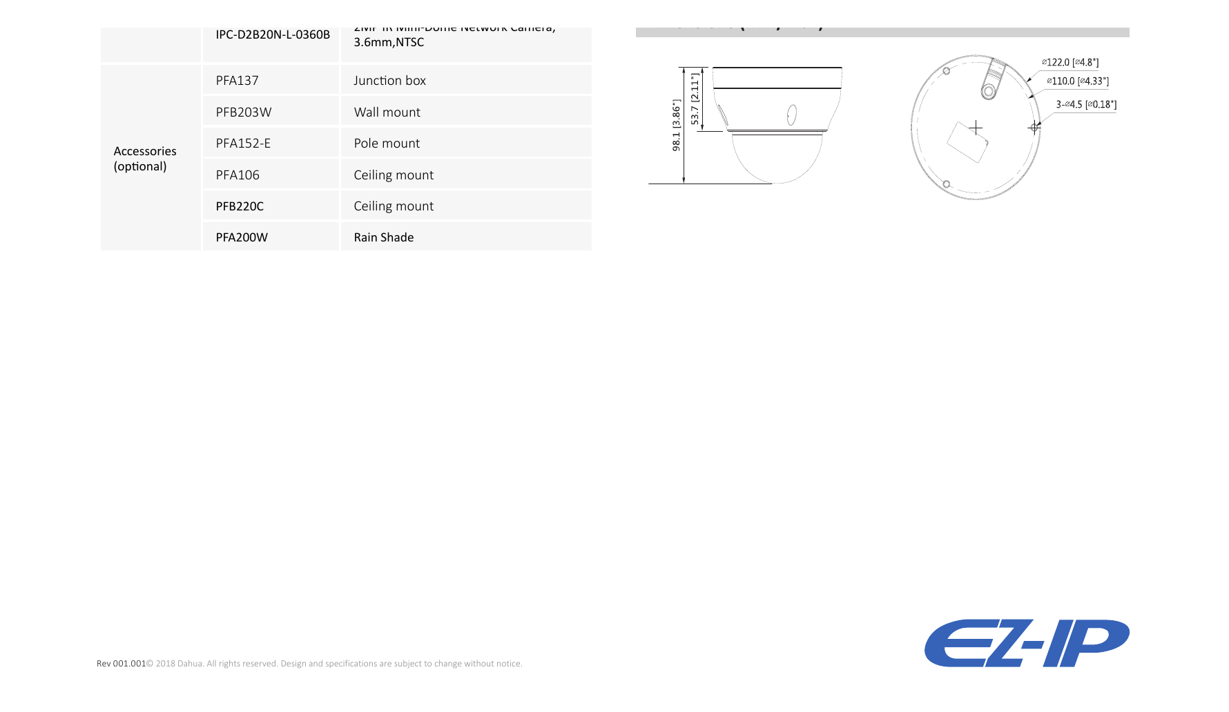 IPC-D2B20-L 外形尺寸圖 Φ122mm × 98.1mm (4.8" x3.86")｜Unit: mm