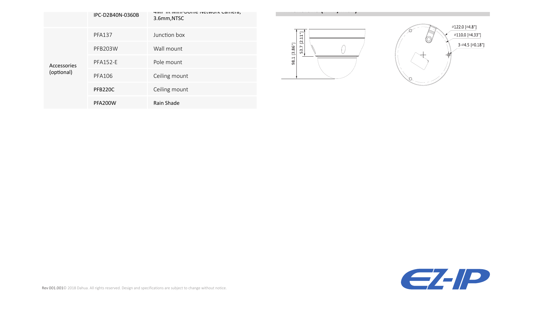 IPC-D2B40 外形尺寸圖 Φ122mm × 98.1mm (4.8" x3.86")｜Unit: mm