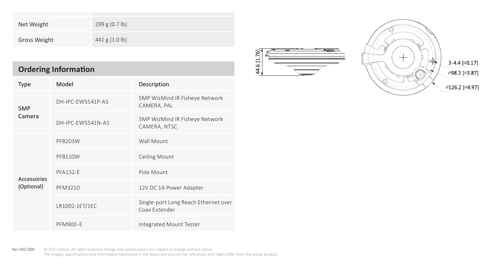 IPC-EW5541-AS 外形尺寸圖 44.6 mm × Φ126.2 mm (1.8" × Φ5.0") Dimensions (mm[inch])｜Unit: mm