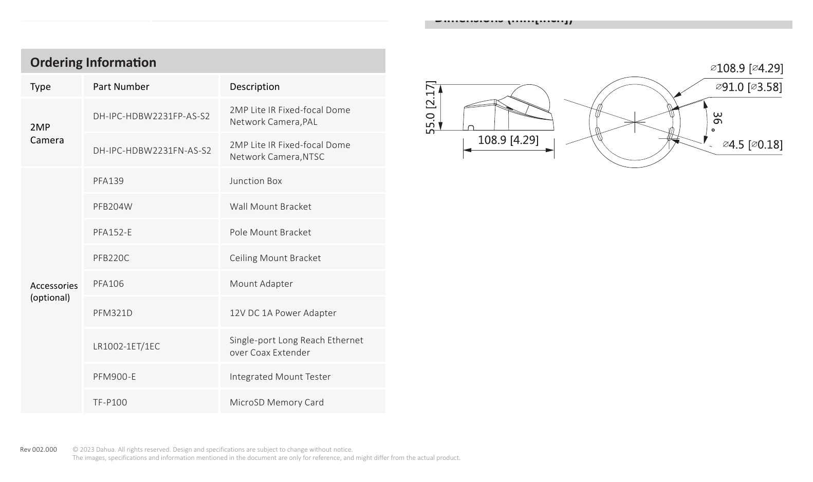 IPC-HDBW2231F-AS-S2-S2 外形尺寸圖 55 mm × Φ108.9 mm (2.2" × Φ4.3")｜Unit: mm