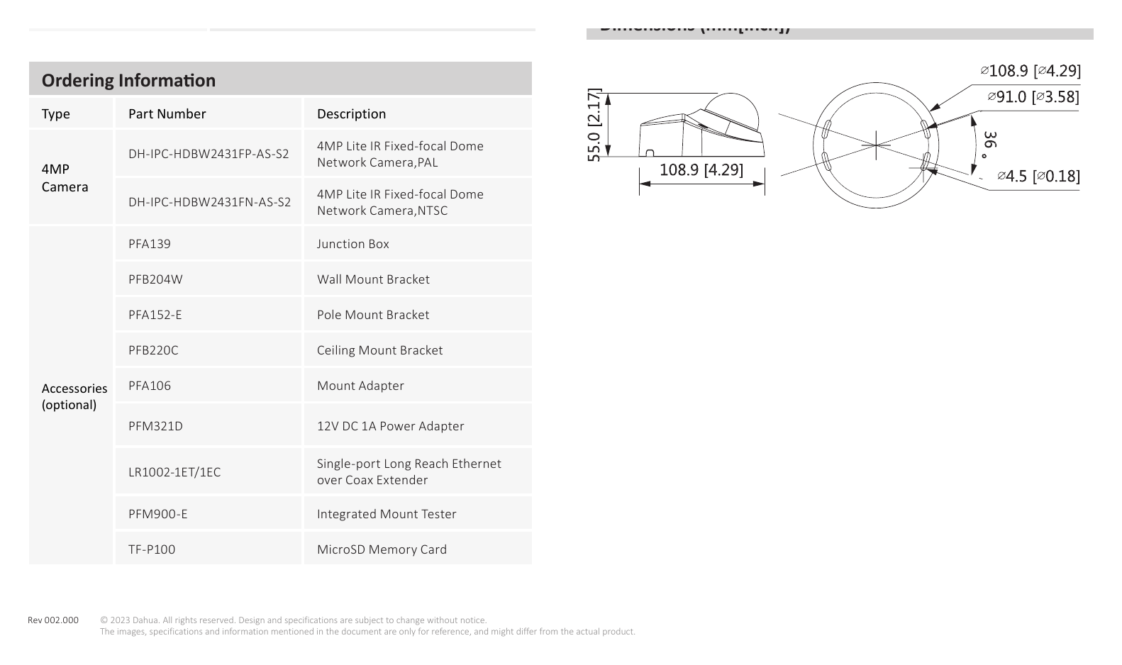 IPC-HDBW2431F-AS-S2-S2 外形尺寸圖 55 mm × Φ108.9 mm (2.2" × Φ4.3")｜Unit: mm