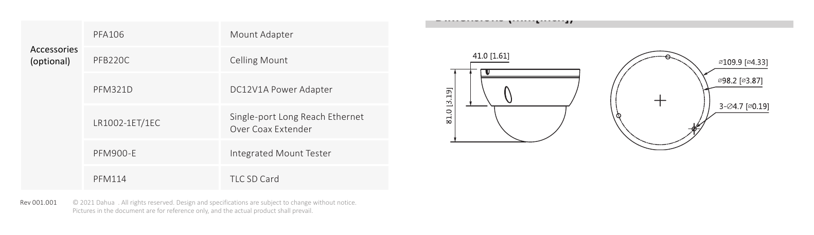 IPC-HDBW3241E-AS 外形尺寸圖 81 mm × Φ109.9 mm (3.2" × Φ4.3")｜Unit: mm