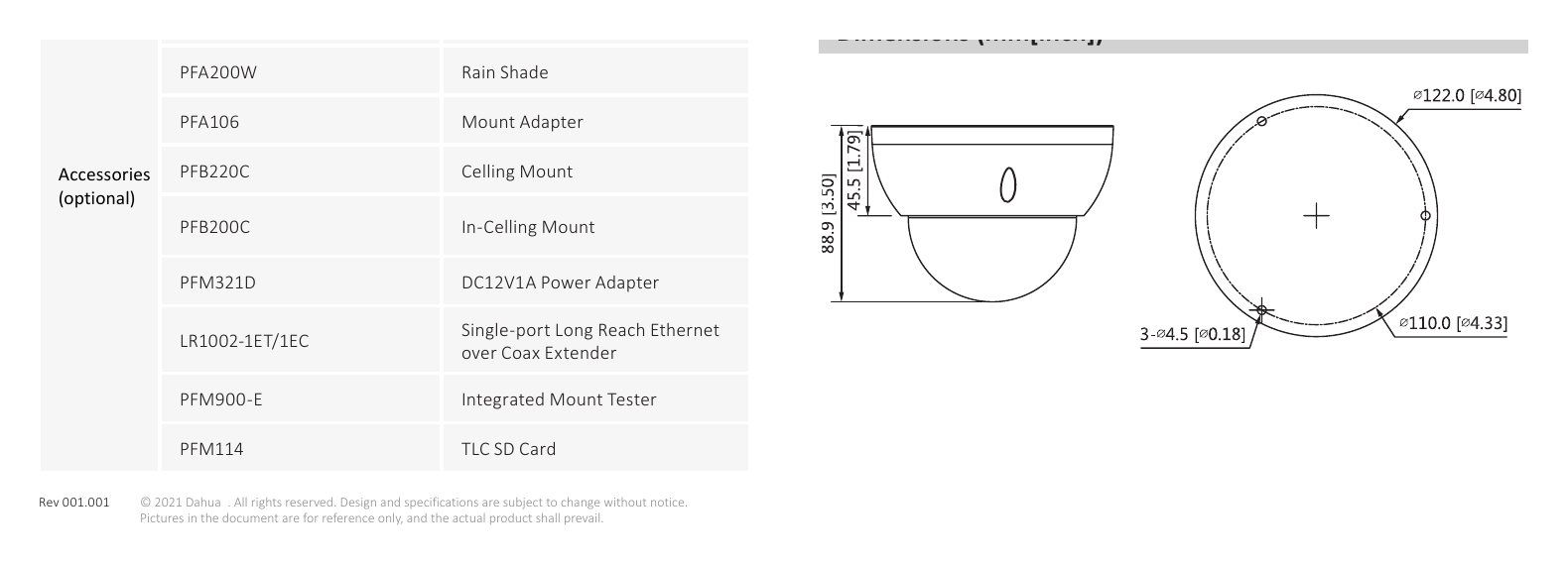 IPC-HDBW3541R-ZAS 外形尺寸圖 Φ122 mm × 88.9 mm (Φ4.8" × 3.5")｜Unit: mm