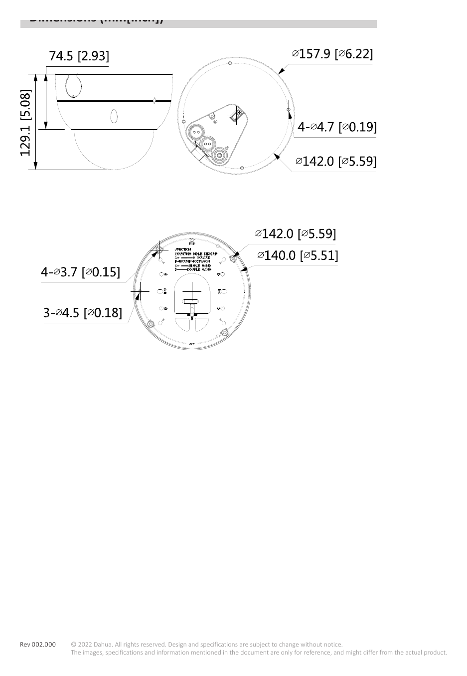 IPC-HDBW5442H-ZHE 外形尺寸圖 129.1 mm × Φ157.9mm (5.1"× Φ6.2") changing; intrusion; tripwire; abandoned object;｜Unit: mm