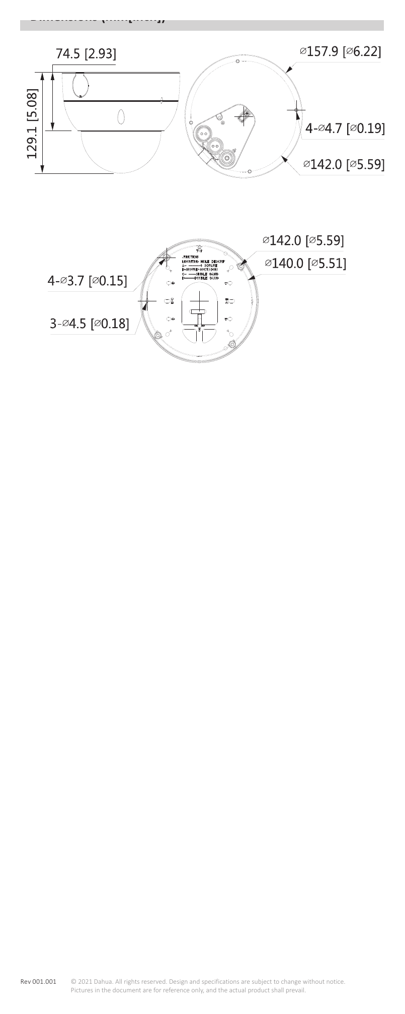 IPC-HDBW5842H-ZHE 外形尺寸圖 129.1 mm × Φ157.9 mm (5.08" × Φ6.22") (L × W × H)｜Unit: mm