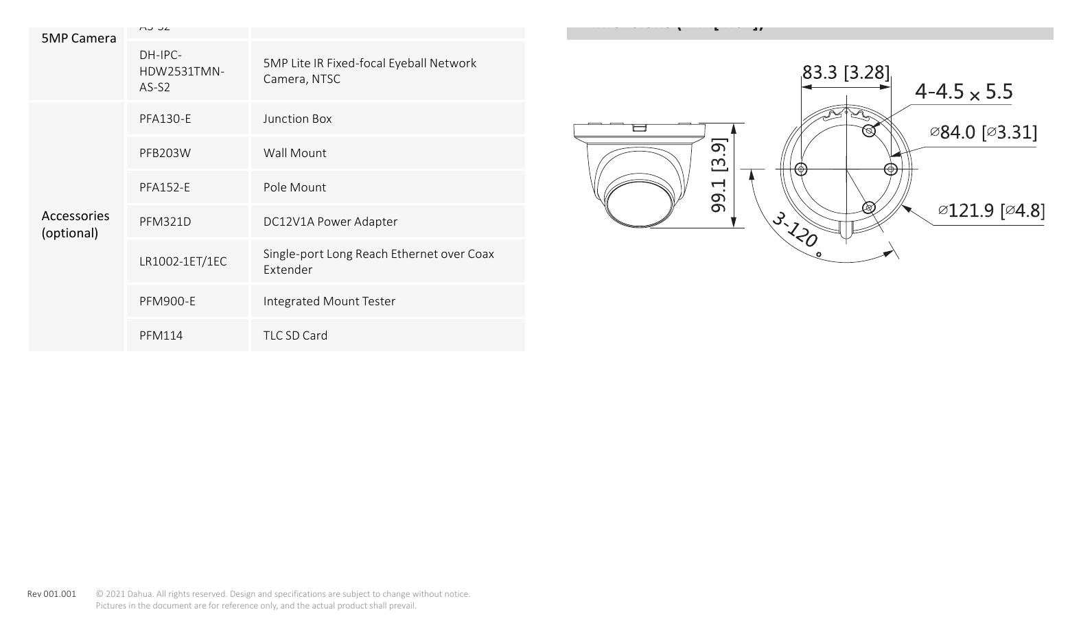 IPC-HDW2531TM-AS-S2 外形尺寸圖 99.1 mm × Φ121.9 mm (3.9" × Φ4.8") PFA130-E PFB203W PFB152-E+PFA203W｜Unit: mm