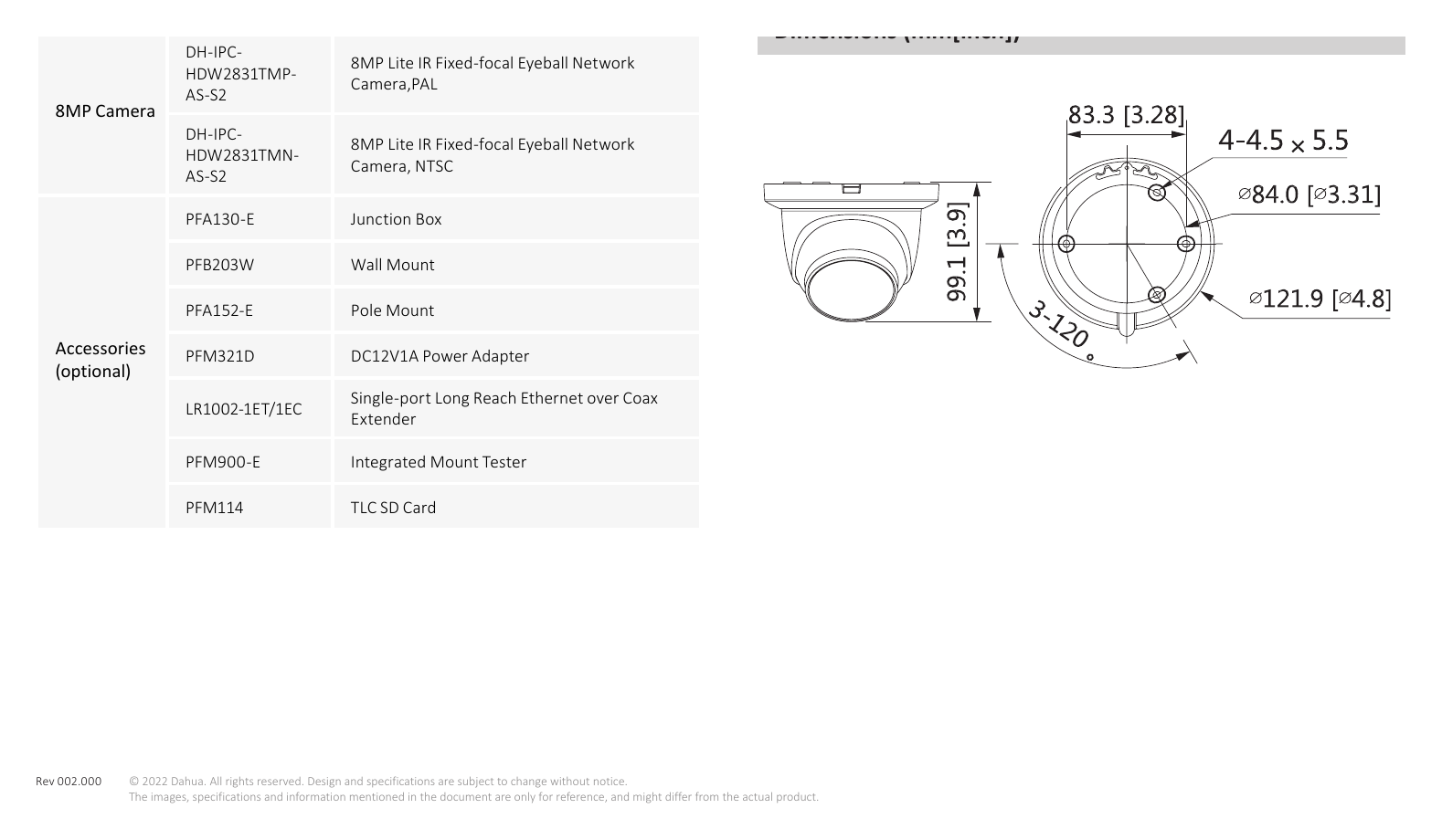 IPC-HDW2831TM-AS-S2 外形尺寸圖 99.1 mm × Φ121.9 mm (3.9" × Φ4.8")｜Unit: mm