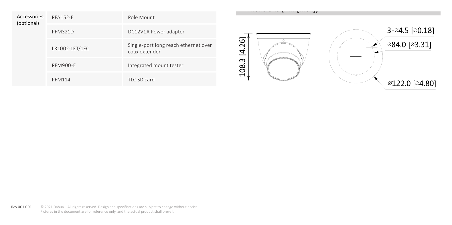 IPC-HDW3241T-ZAS 外形尺寸圖 108.3 mm × Φ122 mm (4.3" × Φ4.8")｜Unit: mm