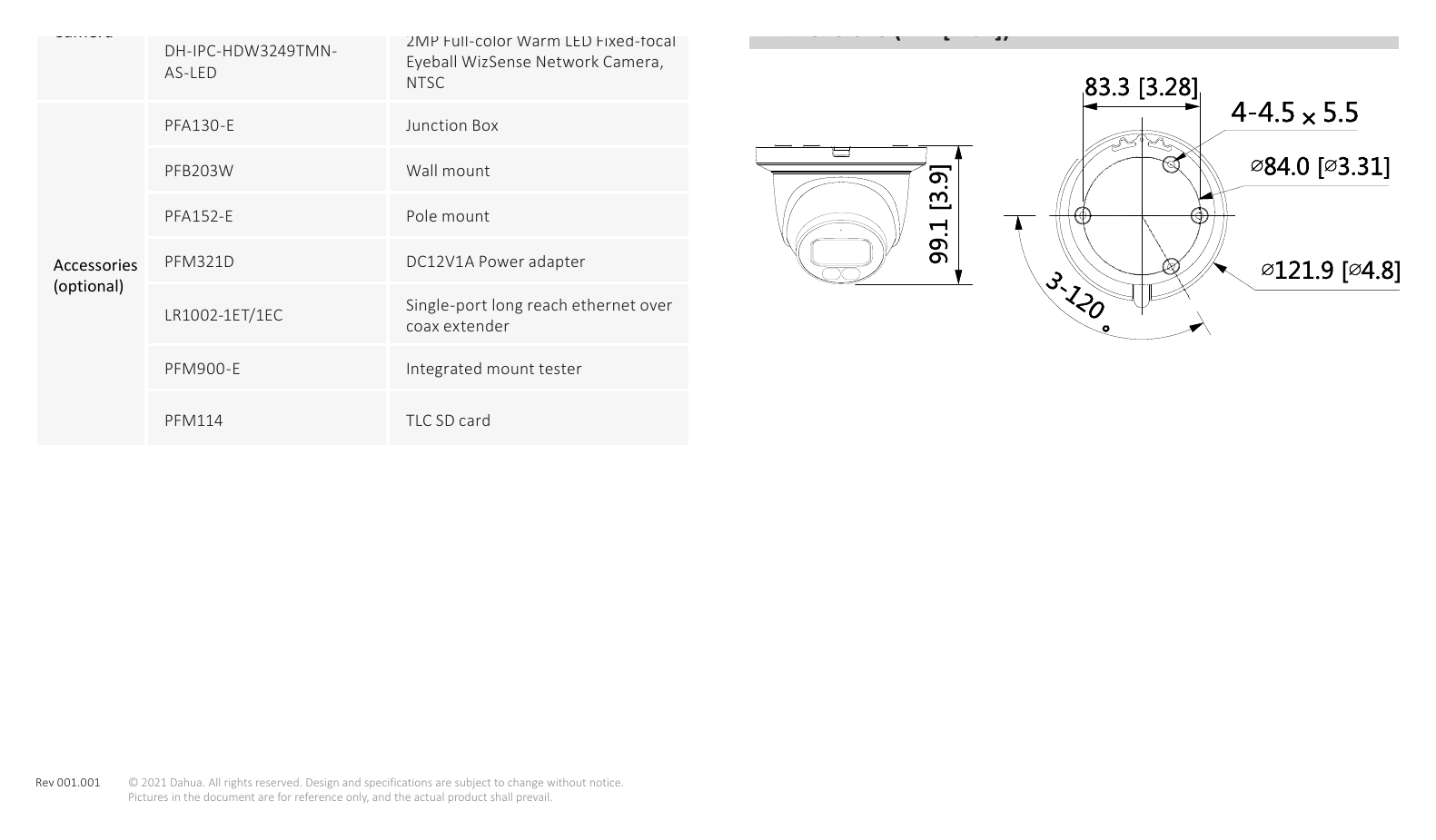 IPC-HDW3249TM-AS-LED 外形尺寸圖 99.1 mm × Φ121.9 mm (3.9" × Φ4.8")｜Unit: mm