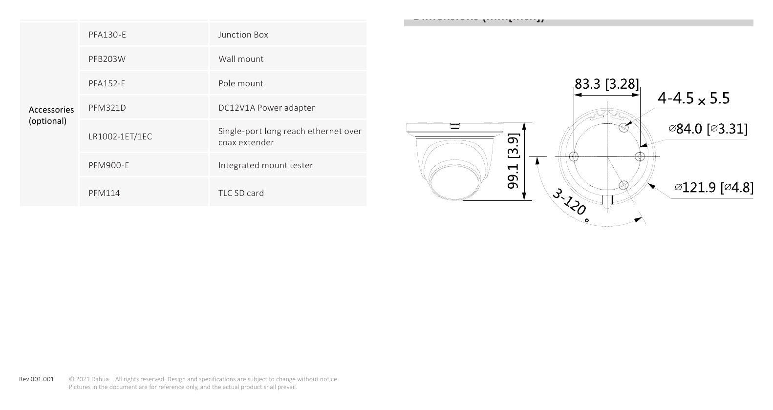 IPC-HDW3441TM-AS 外形尺寸圖 99.1 mm × Φ121.9 mm (3.9" × Φ4.8")｜Unit: mm