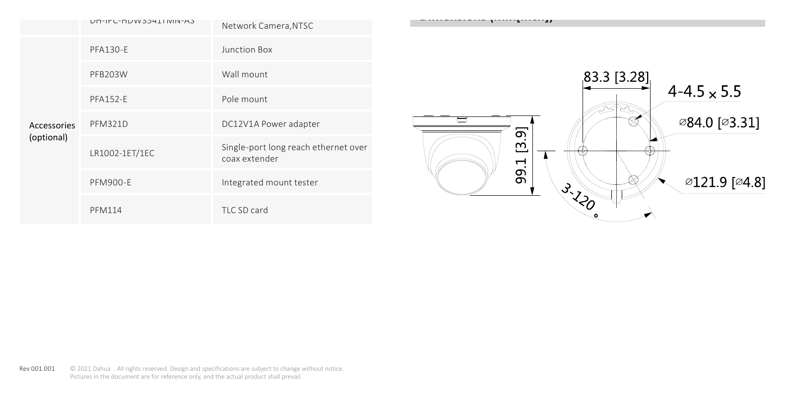IPC-HDW3541TM-AS 外形尺寸圖 99.1 mm × Φ121.9 mm (3.9" × Φ4.8")｜Unit: mm