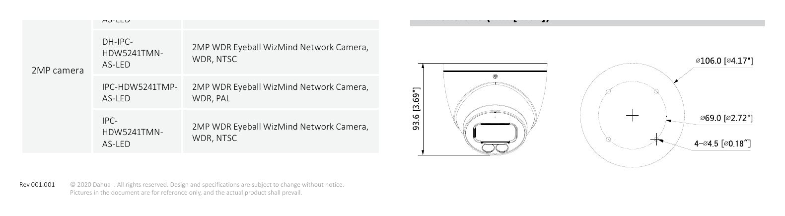 IPC-HDW5241TM-AS-LED 外形尺寸圖 Φ106 mm × 93.6 mm (4.17” × 3.69”) Ceiling Mount Pole Mount PFB204W + PFA152-E｜Unit: mm