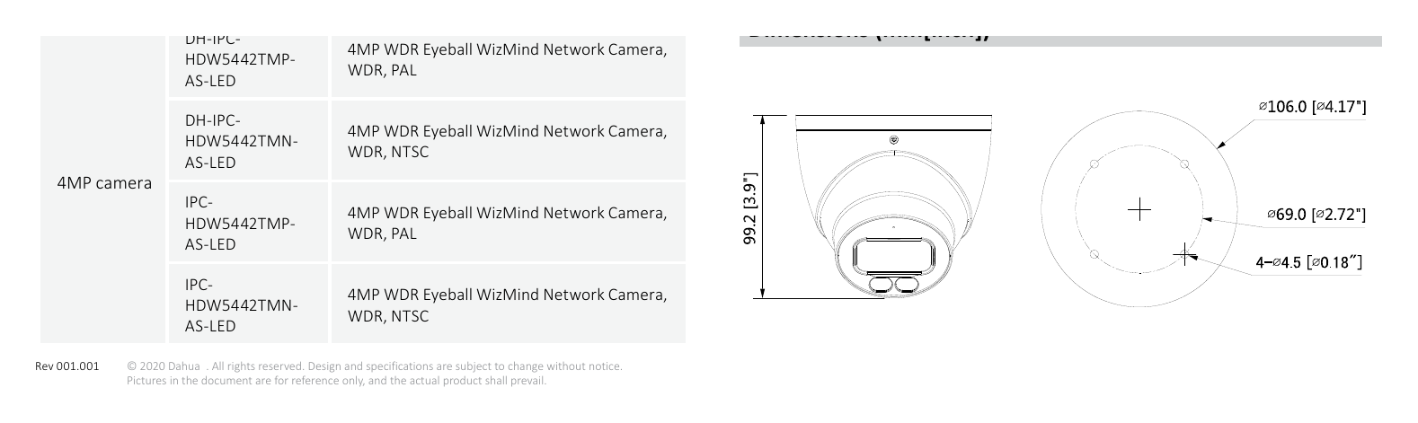 IPC-HDW5442TM-AS-LED 外形尺寸圖 Φ106 mm × 99.2 mm (4.17” × 3.91”) PFB204W + PFA152-E｜Unit: mm