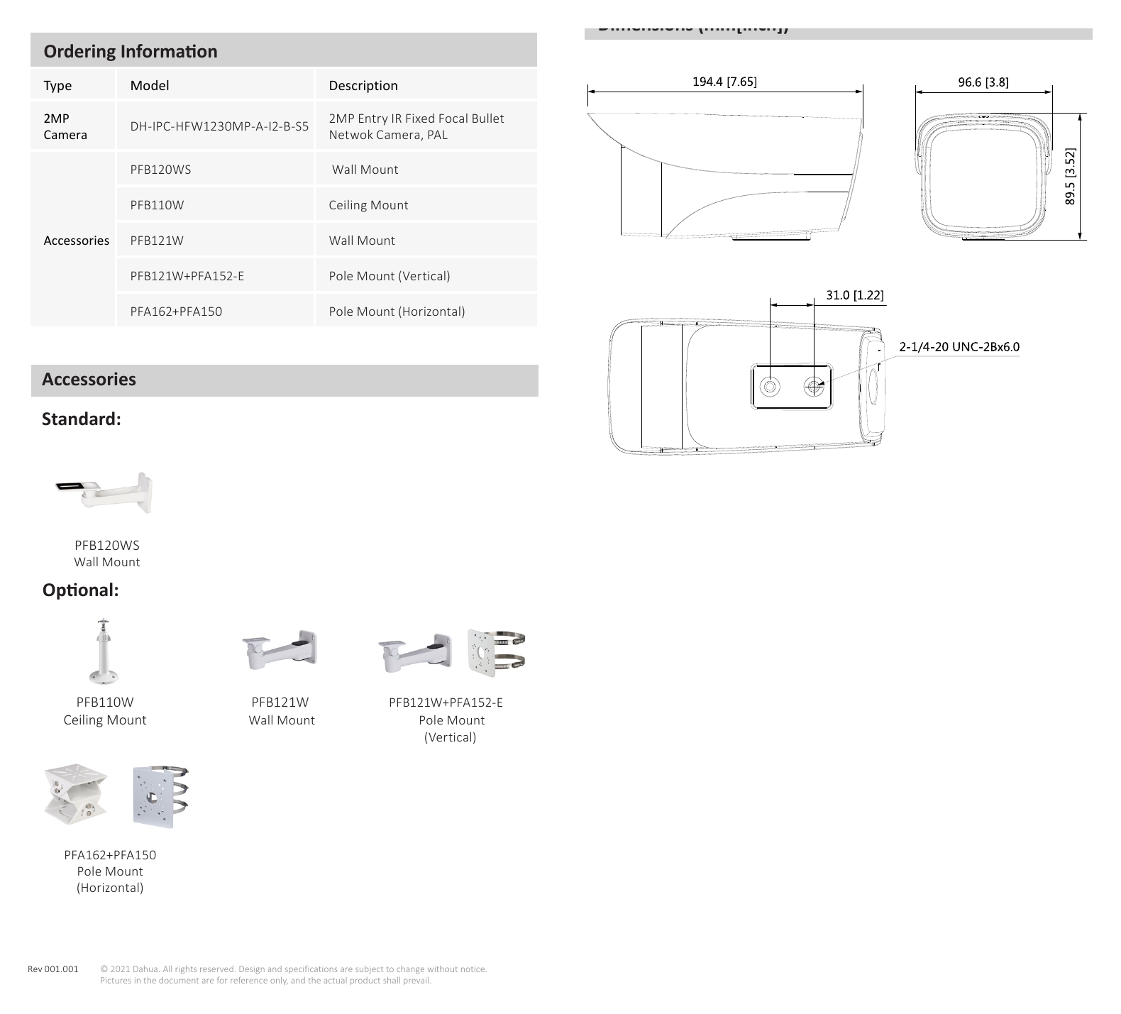 IPC-HFW1230M-A-I2-B-S5 外形尺寸圖 194 mm × 96 mm × 89 mm (7.6" × 3.8" × 3.5")｜Unit: mm