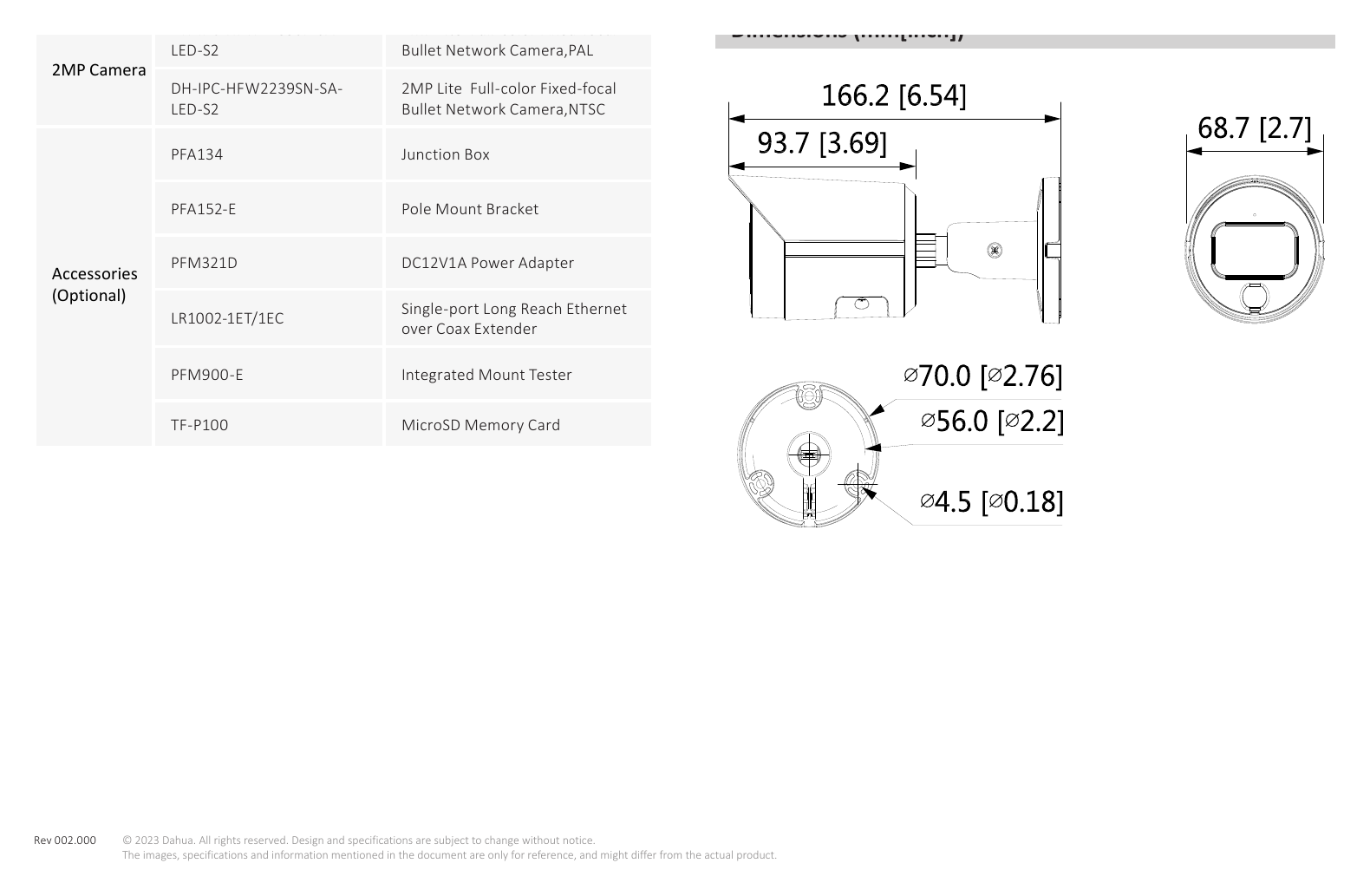 IPC-HFW2239S-SA-LED-S2-S2 外形尺寸圖 166.2 mm × Φ70 mm (6.5" × Φ2.8")｜Unit: mm