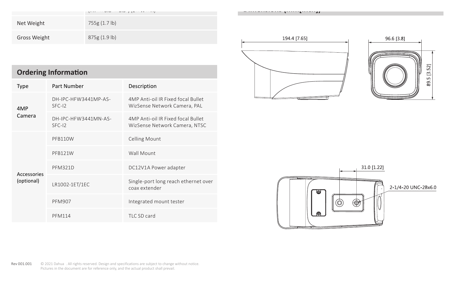 IPC-HFW3441M-AS-SFC-I2 外形尺寸圖 Dimensions (mm[inch]) (7.7" × 3.8" × 3.5") (L × W × H)｜Unit: mm