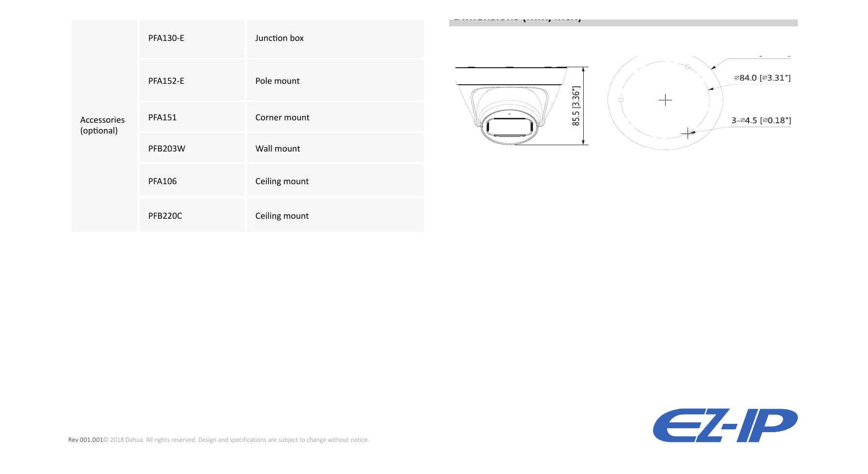 IPC-T1B20 外形尺寸圖 Φ109mm×85.5mm(4.29''x3.36'')｜Unit: mm