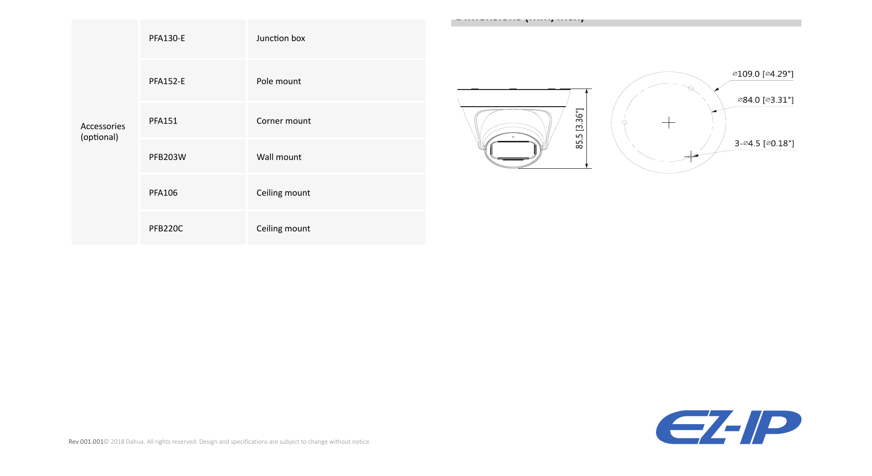 IPC-T1B40 外形尺寸圖 Φ109mm×85.5mm(4.29''x3.36'')｜Unit: mm