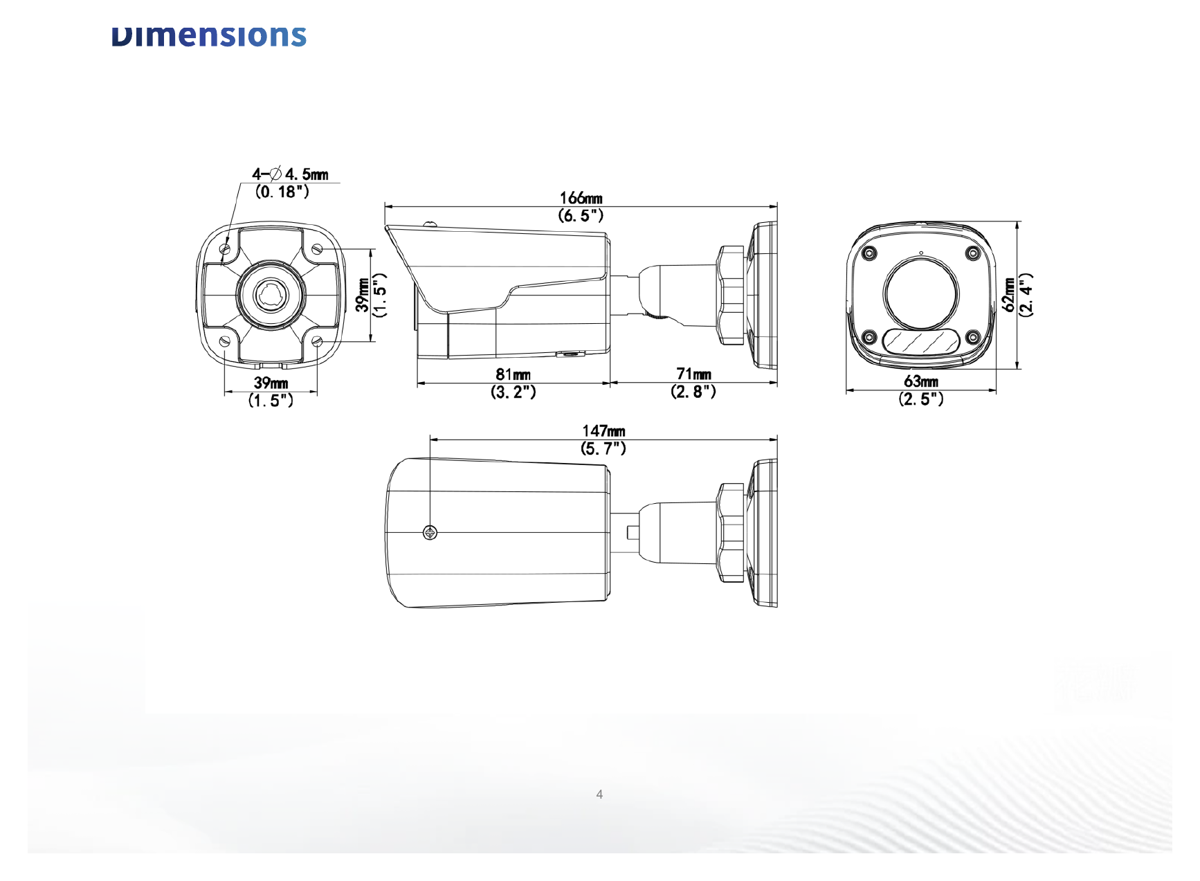 IPC2122LB-ADF28KM-H3 外形尺寸圖 166 mm × 63 mm × 62 mm (6.5" × 2.5" × 2.5") (L × W × H)｜重量 0.39 kg (0.86 lb.）｜Unit: mm