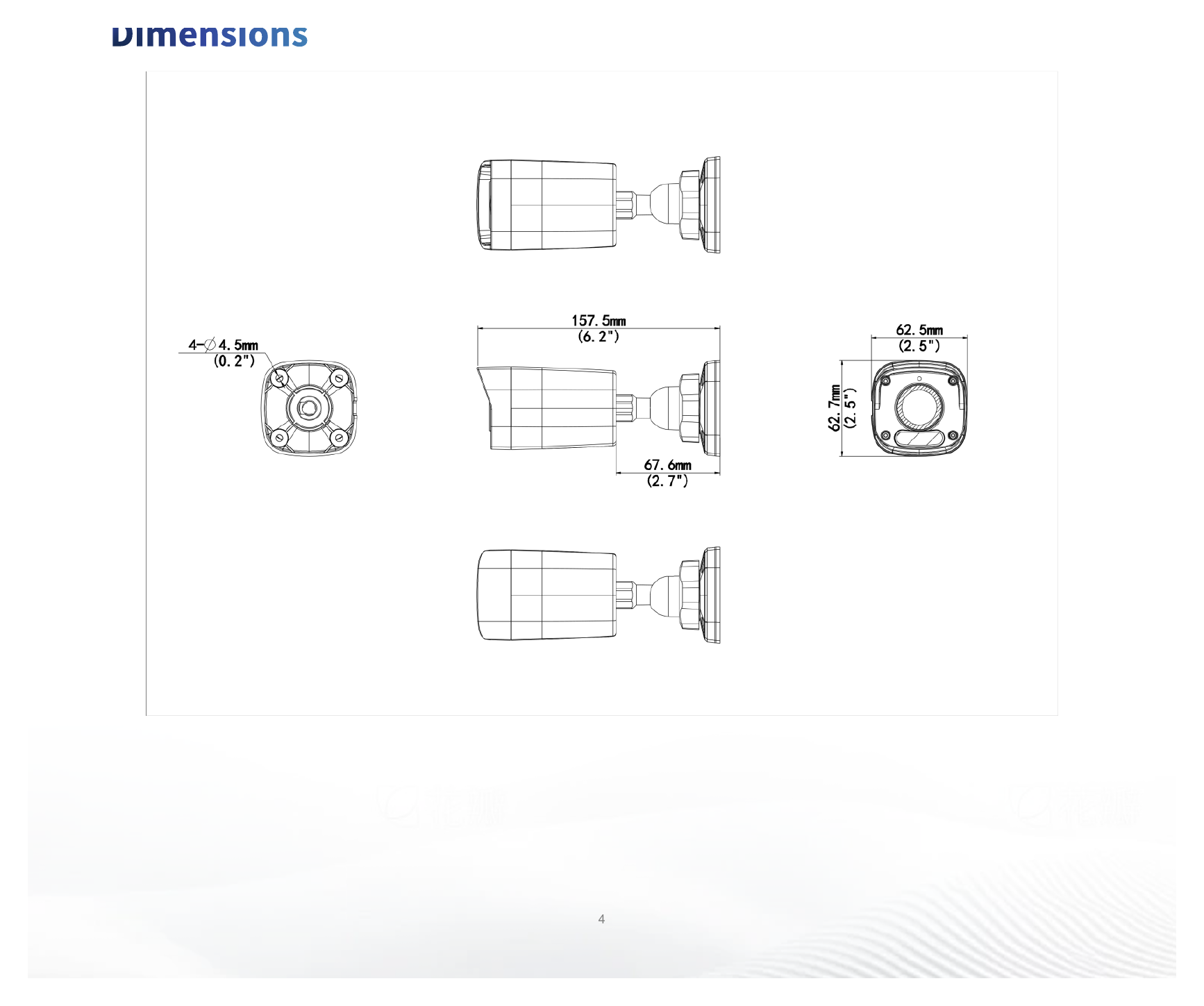 IPC2122LB-AF28-A2 外形尺寸圖 157.5 mm × 62.5 mm × 62.7 mm (6.2" × 2.5" × 2.5") (L × W × H)｜重量 0.19 kg (0.42 lb.)｜Unit: mm
