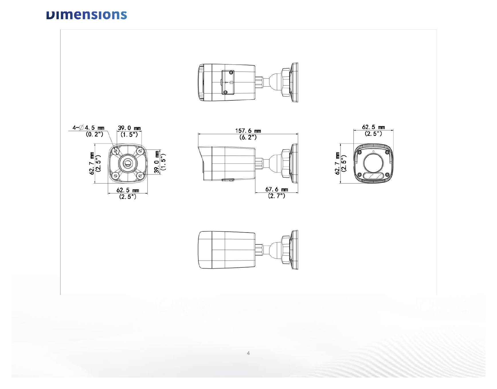 IPC2122LB-AF28K-A2 外形尺寸圖 157.5 mm × 62.5 mm × 62.7 mm (6.2" × 2.5" × 2.5") (L × W × H)｜重量 0.19 kg (0.42 lb.)｜Unit: mm