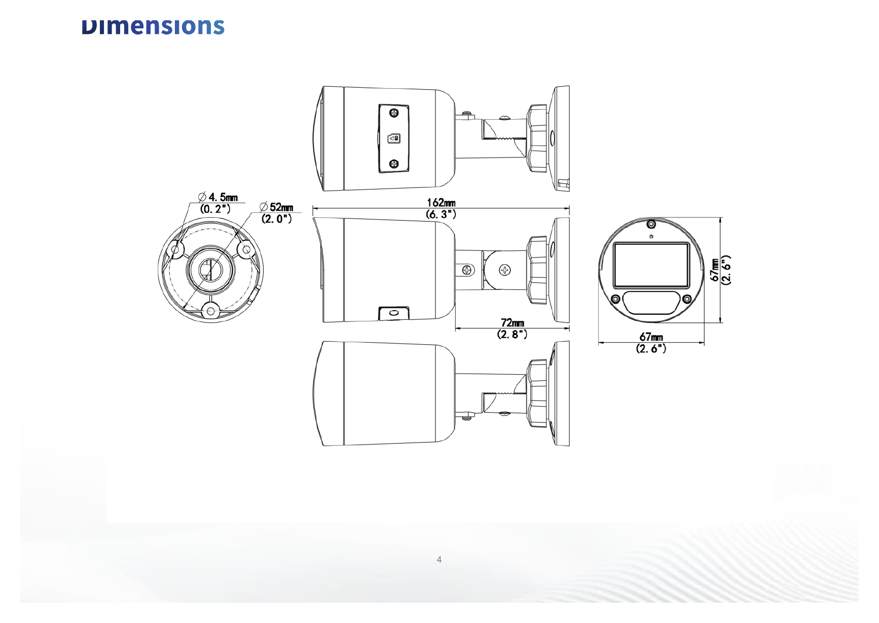 IPC2122LB-AF28K-DL 外形尺寸圖 162 mm × 67 mm × 67 mm (6.4" × 2.6" × 2.6") (L × W × H)｜重量 0.24 kg (0.53 lb.)｜Unit: mm