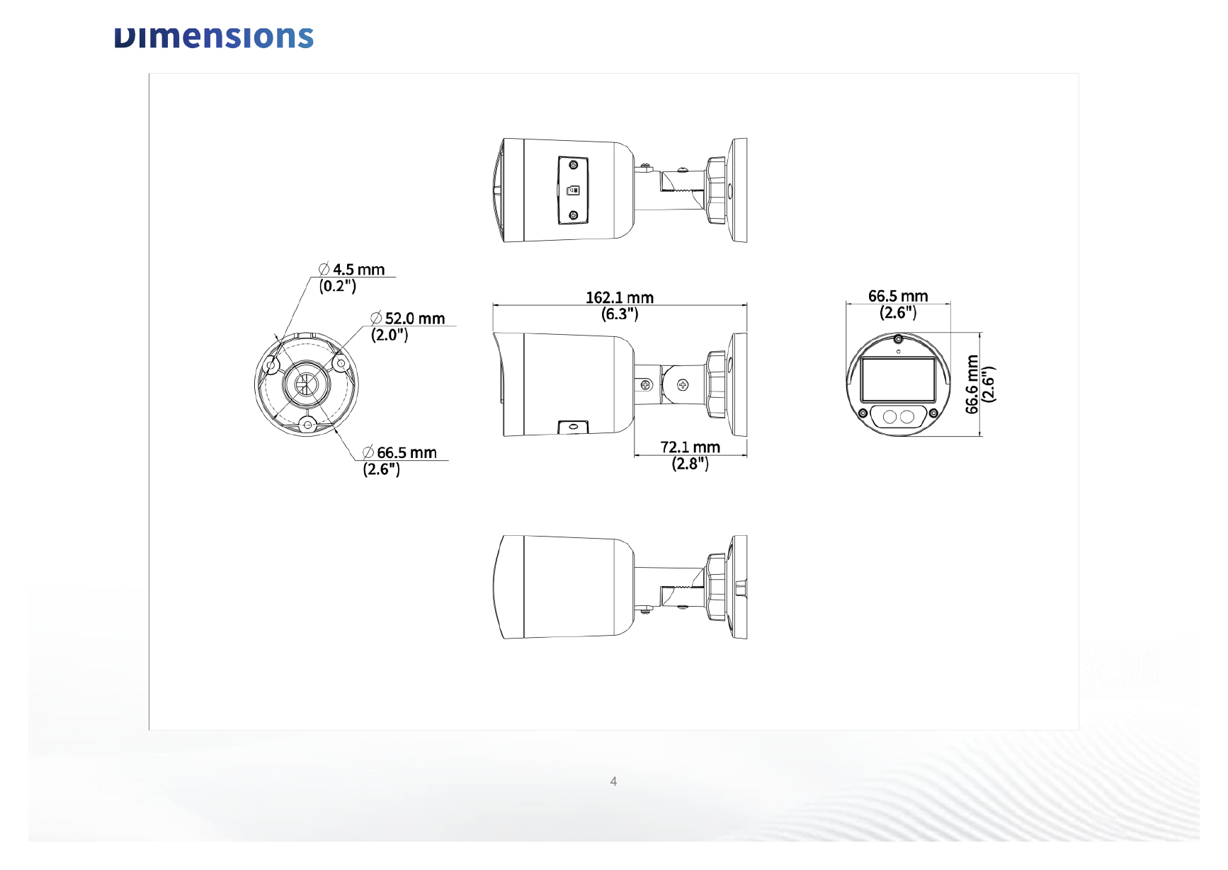 IPC2122LB-AF28K-DL2 外形尺寸圖 162.1 mm × 66.5 mm × 66.6 mm (6.3" × 2.6" × 2.6") (L × W × H)｜重量 0.21 kg (0.46 lb.)｜Unit: mm