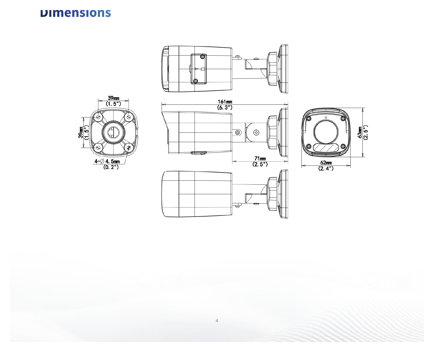 IPC2122LB-ASF28K-A 外形尺寸圖 161 mm × 62 mm × 63 mm (6.3" × 2.5" × 2.5") (L × W × H)｜重量 0.21 kg (0.46 lb.)｜Unit: mm