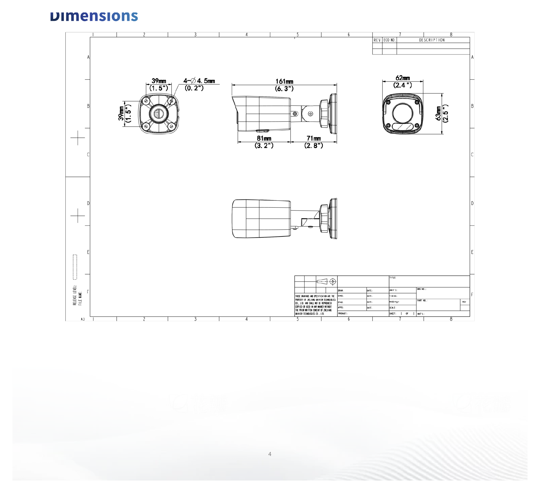 IPC2122LB-SF28K-A 外形尺寸圖 161 mm × 62 mm × 63 mm (6.4" × 2.4" × 2.5") (L × W × H)｜重量 0.21 kg (0.46 lb.)｜Unit: mm