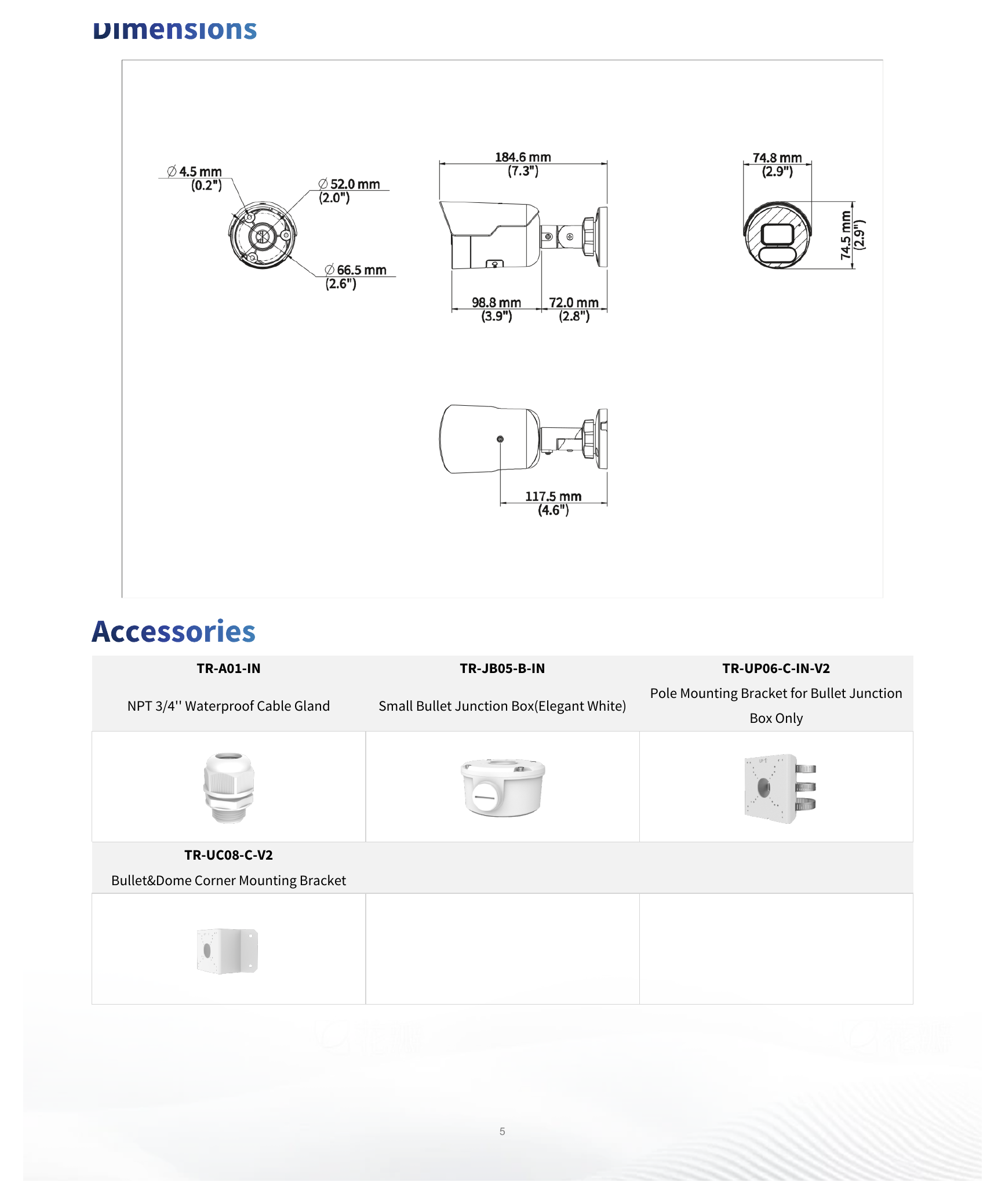 IPC2122LE-ADF28K-DL3 外形尺寸圖 184.6 mm × 74.8 mm × 74.5 mm (7.3" × 2.9" × 2.9") (L × W × H)｜重量 0.28 kg (0.62 lb.)｜Unit: mm