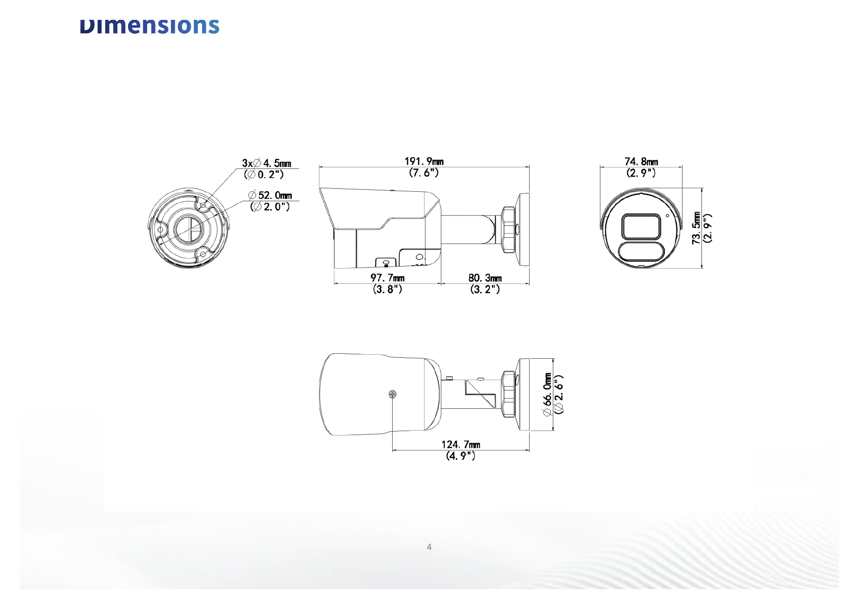 IPC2122LE-ADF28KMC-DL 外形尺寸圖 192 mm × 75 mm × 74 mm (7.6" × 2.9" × 2.9") (L × W × H)｜重量 0.40 kg (0.88 lb.)｜Unit: mm