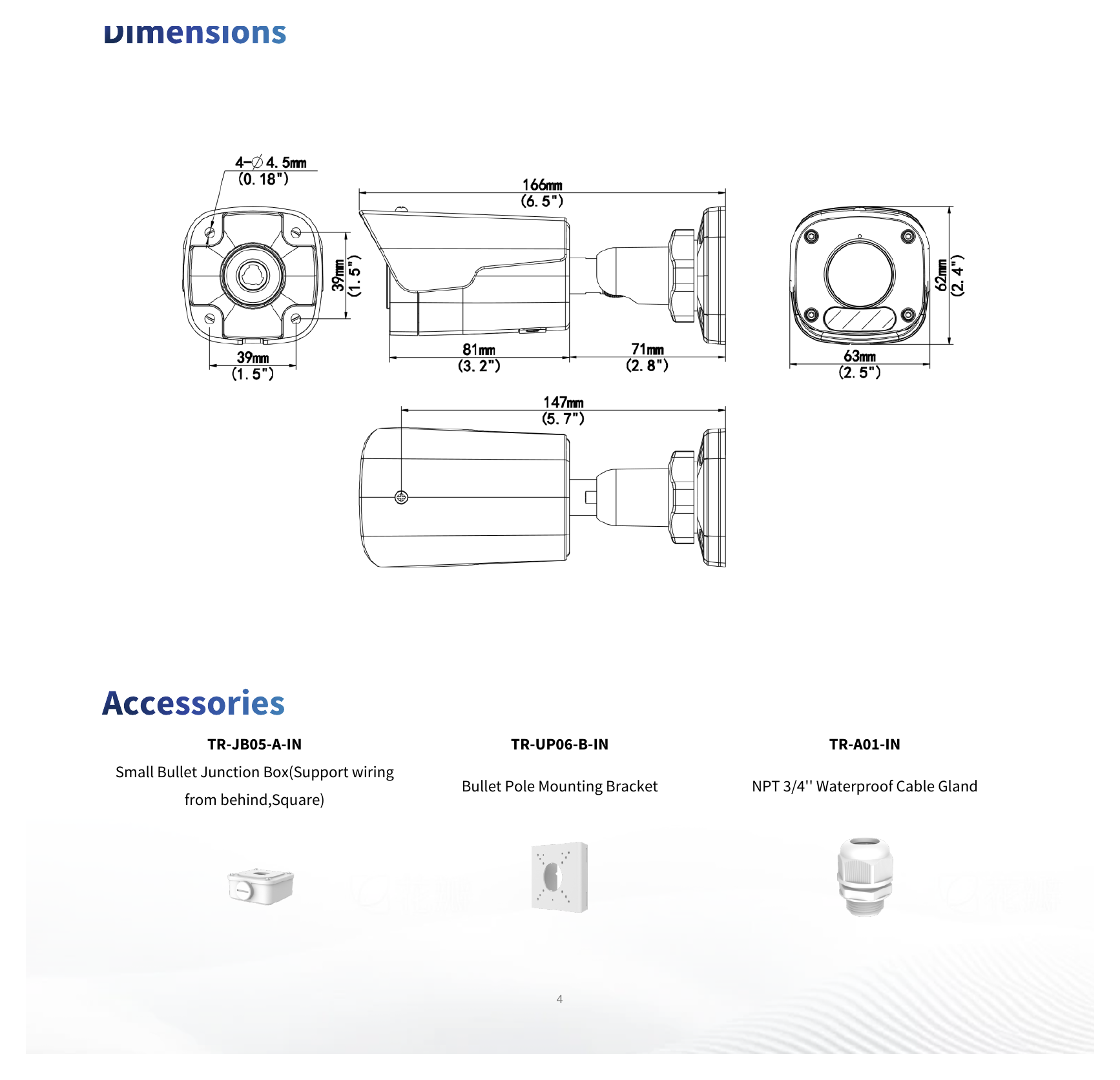 IPC2124LB-ADF28KM-H 外形尺寸圖 166 mm × 63 mm × 62 mm (6.5" × 2.5" × 2.5") (L × W × H)｜重量 0.39 kg (0.86 lb.)｜Unit: mm