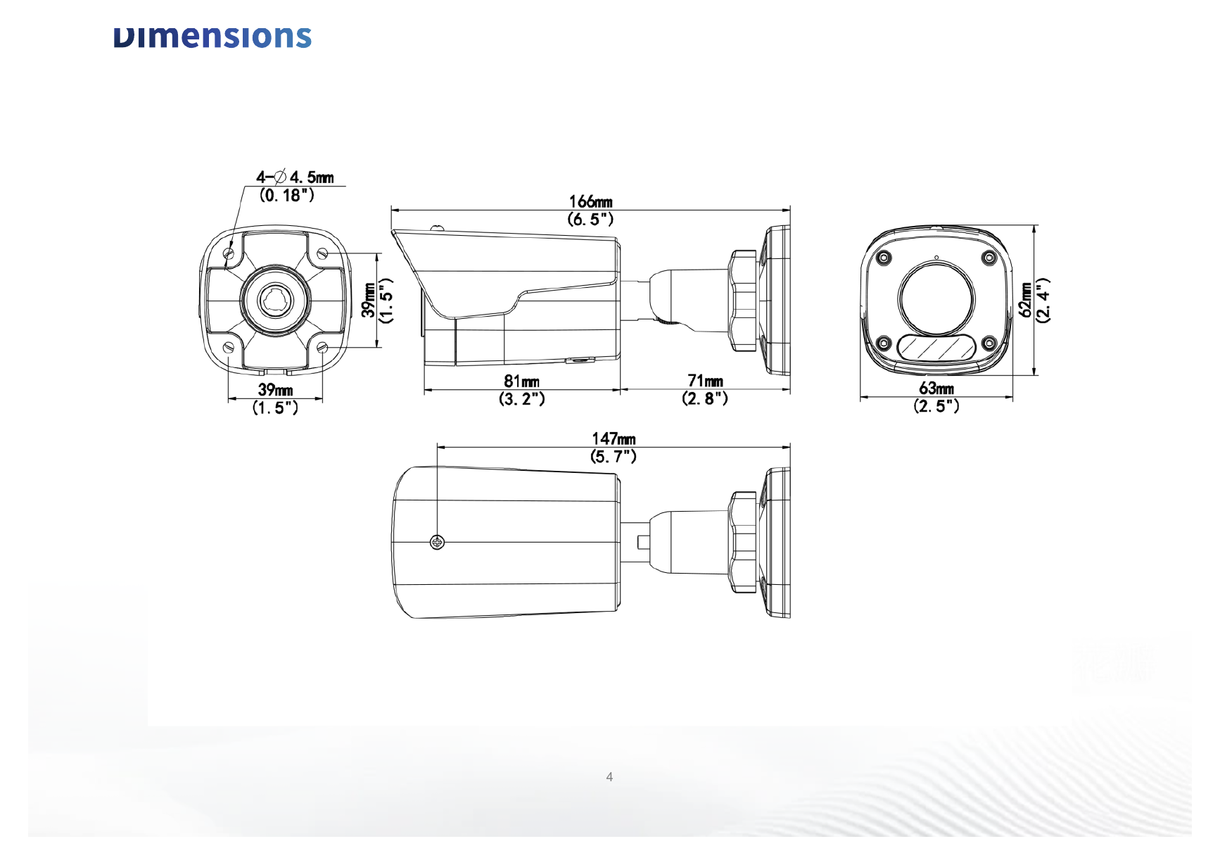 IPC2124LB-ADF28KM-H3 外形尺寸圖 166 mm × 63 mm × 62 mm (6.5" × 2.5" × 2.5") (L × W × H)｜重量 0.39 kg (0.86 lb.）｜Unit: mm