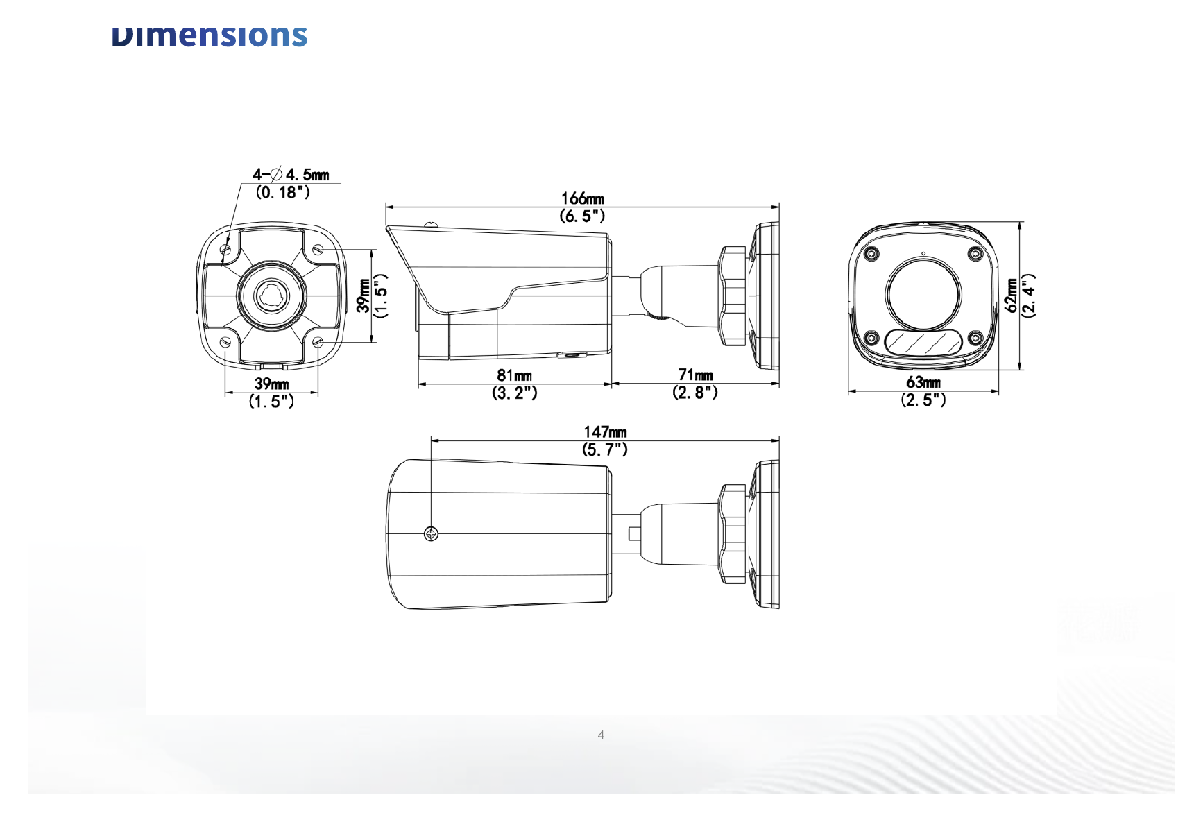 IPC2124LB-ADF28KM-K 外形尺寸圖 166 mm × 63 mm × 62 mm (6.5" × 2.5" × 2.5") (L × W × H)｜重量 0.37 kg (0.82 lb.)｜Unit: mm