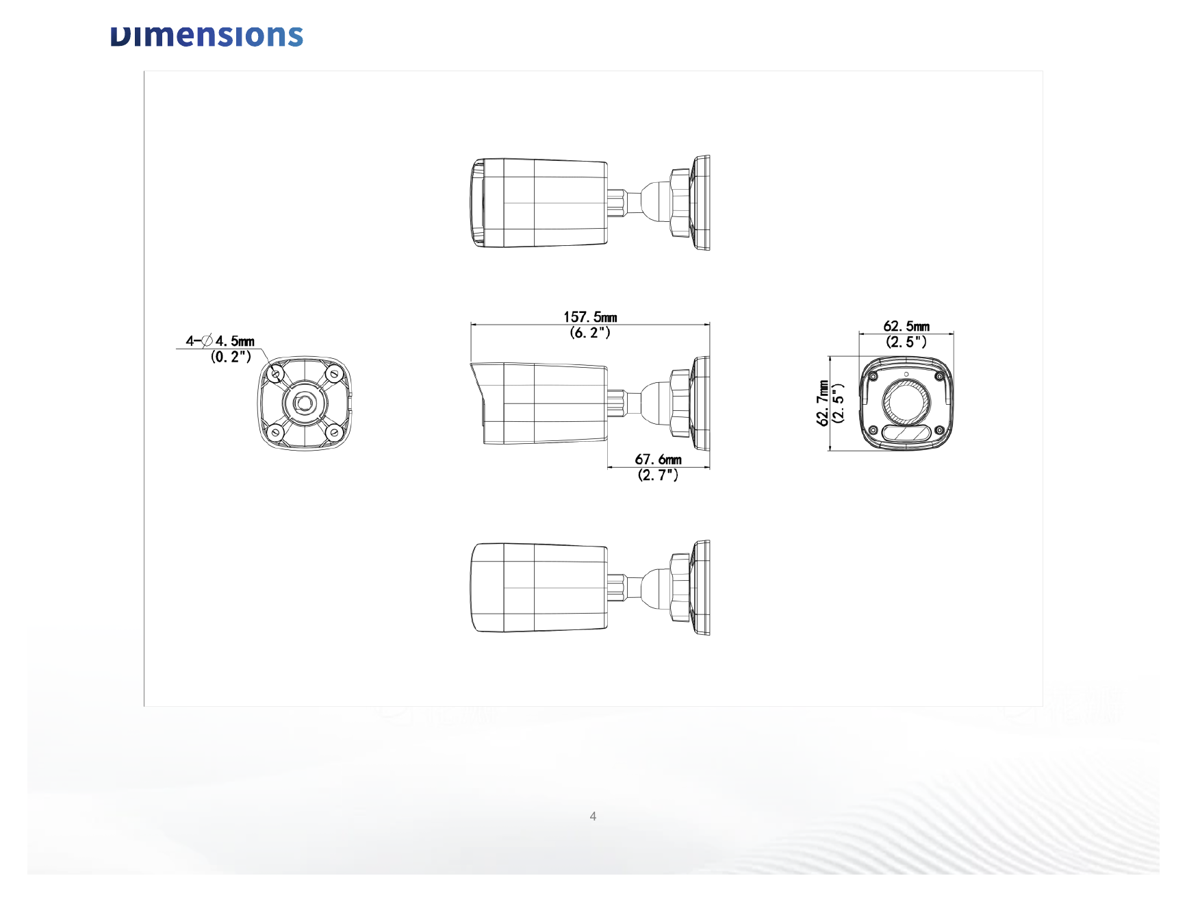 IPC2124LB-AF28-A2 外形尺寸圖 157.5 mm × 62.5 mm × 62.7 mm (6.2" × 2.5" × 2.5") (L × W × H)｜重量 0.19 kg (0.42 lb.)｜Unit: mm