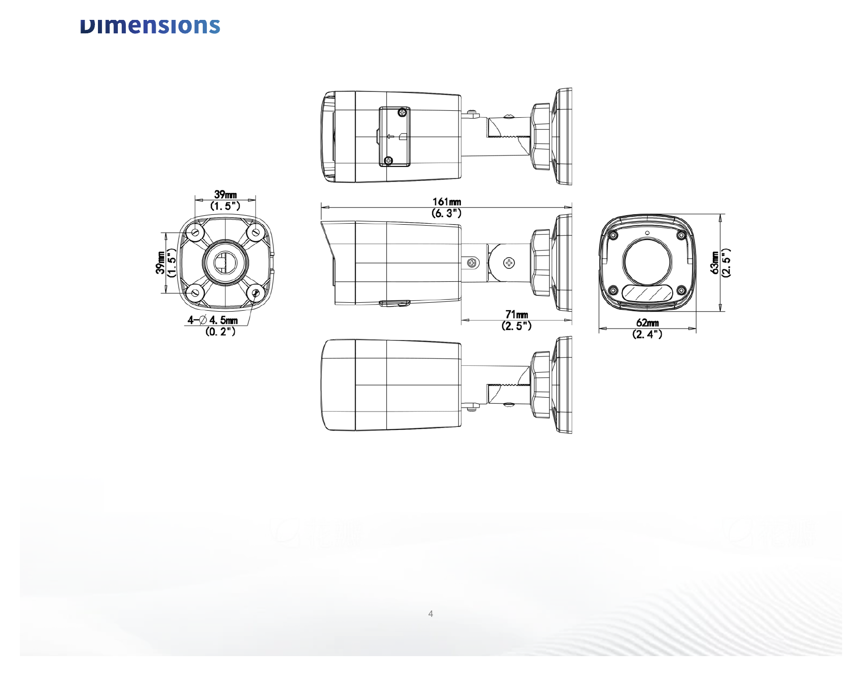IPC2124LB-ASF28K-A 外形尺寸圖 161 mm × 63 mm × 62 mm (6.4" × 2.5" × 2.4") (L × W × H)｜重量 0.33 kg (0.73 lb.)｜Unit: mm