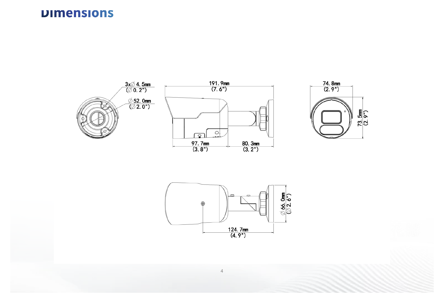 IPC2124LE-ADF28KMC-DL 外形尺寸圖 192 mm × 75 mm × 74 mm (7.6" × 2.9" × 2.9") (L × W × H)｜重量 0.40 kg (0.88 lb.)｜Unit: mm