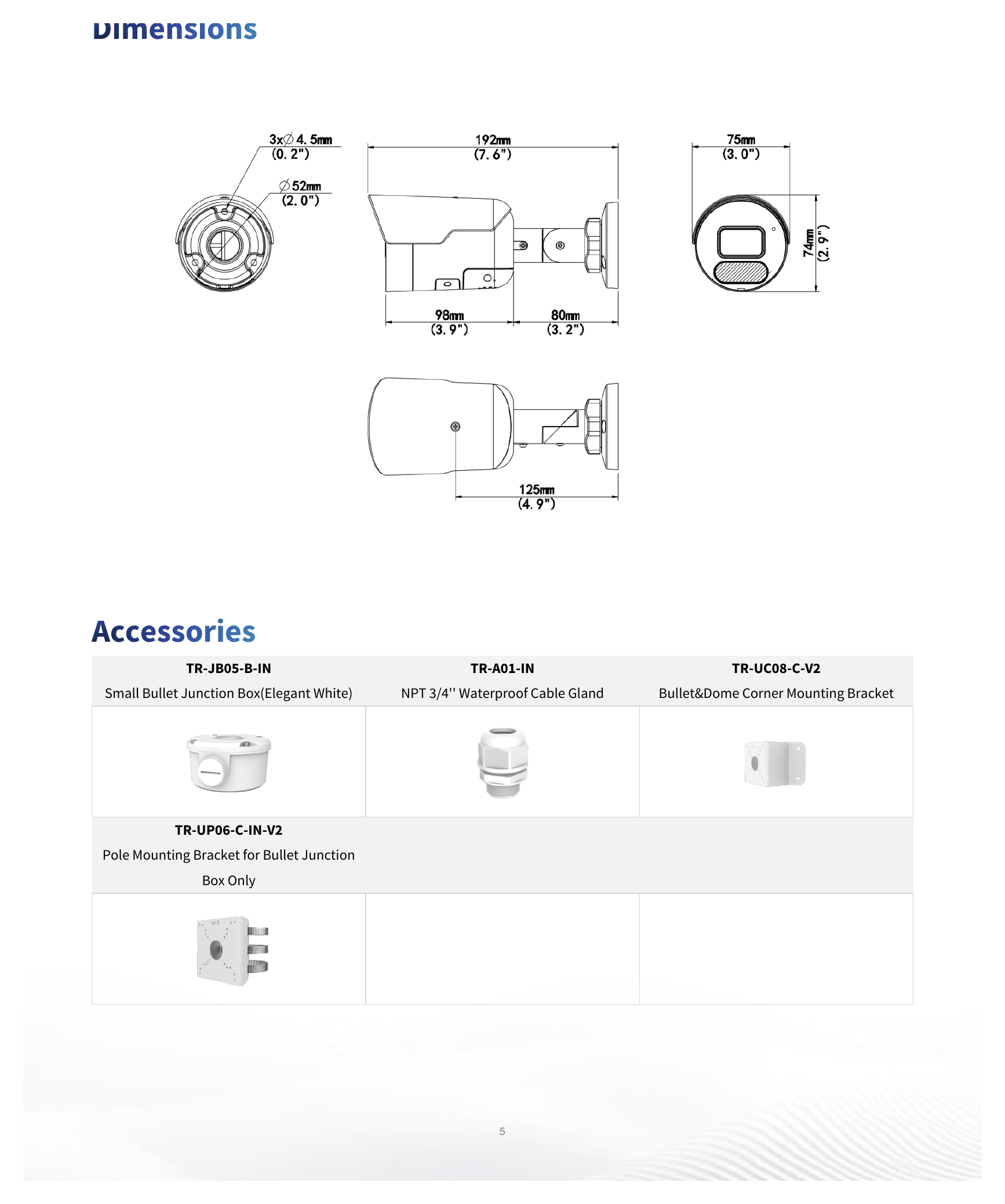 IPC2124SB-ADF28KMC-I0 外形尺寸圖 191 mm × 75 mm × 74 mm (7.5" × 2.9" × 2.9") (L × W × H)｜重量 0.50 kg (1.10 lb.)｜Unit: mm
