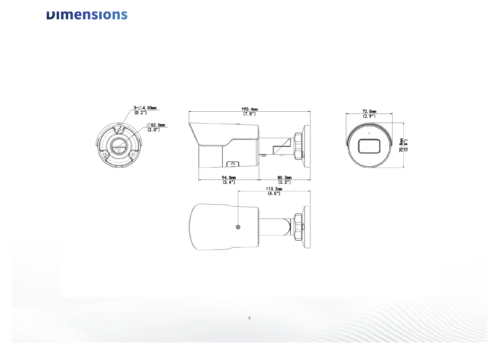 IPC2125LE-ADF28KM-H 外形尺寸圖 190 mm × 73 mm × 71 mm (7.5" × 2.9" × 2.8") (L × W × H)｜重量 0.40 kg (0.88 lb.)｜Unit: mm