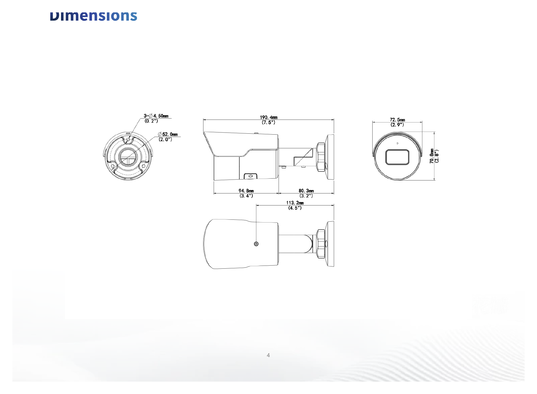 IPC2125LE-ADF28KM-H3 外形尺寸圖 190 mm × 73 mm × 71 mm (7.5" × 2.9" × 2.8") (L × W × H)｜重量 0.40 kg (0.88 lb.)｜Unit: mm